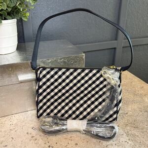 Talbots Navy White Checked Linen Leather Preppy Academia Classic Crossbody NWT